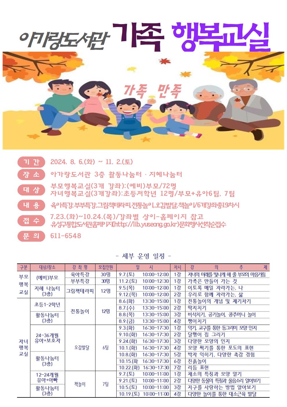 아가랑도서관 가족 행복교실                                    가족 만족    기 간  2024. 8. 6.(화) ~ 11. 2.(토)    장 소  아가랑도서관 3층 활동나눔터·지혜나눔터   대 상  부모행복교실(3개 강좌):(예비)부모/72명 자녀행복교실(3개강좌):초등저학년 12명/부모+유아6팀, 7팀  내 용  육아특강,부부특강,그림책테라피,전통놀이,오감발달,책놀이/6개강좌총19차시  접 수  7.23.(화)~10.24.(목)/강좌별 상이-홈페이지 참고 유성구통합도서관홈페이지(http://lib.yuseong.go.kr)문화행사선착순접수  문 의  611-6548         - 세부 운영 일정 -  구분 대상/장소 강 좌 명 모집인원 일     시 차시 강의주제 부모 행복 교실 (예비)부모 육아특강 30명 9.7.(토) 10:00~12:00 1강 자녀의 미래를 빛나게 해 줄 부모의 마음가짐 부부특강 30명 11.2.(토) 10:00~12:30 1강 가족은 만들어 가는 것 지혜 나눔터 (3층) 그림책테라피 12명 9.5.(목)  10:00~12:00 1강 이토록 매일 자라가는, 나 9.12.(목) 10:00~12:00 2강 우리로 함께 자라가는, 삶 자녀 행복 교실 초등1-2학년 전통놀이 12명 8.6.(화)  13:30~15:00 1강 전통놀이의 개념 및 제기차기 8.7.(수) 13:30~15:00 2강 딱지치기 활동나눔터 (3층) 8.8.(목) 13:30~15:00 3강 비석치기, 공기놀이, 콩주머니 놀이 8.9.(금) 13:30~15:00 4강 팽이치기 24~36개월 유아+보호자   오감발달 6팀 9.3.(화) 16:30~17:30 1강 악기, 교구를 통한 동그라미 모양 인지 9.10.(화) 16:30~17:30 2강 달팽이 집 그리기 9.24.(화) 16:30~17:30 3강 다양한 모양의 인지 10.1.(화) 16:30~17:30 4강 모양 찍기를 통한 포도의 표현 활동나눔터 (3층) 10.8.(화) 16:30~17:30 5강 박자 익히기, 다양한 촉감 경험 10.15.(화 16:30~17:30 6강 진흙놀이 10.22.(화) 16:30~17:30 7강 리듬 표현 12~24개월 유아+아빠 책놀이 7팀 9.7.(토) 10:00~11:00 1강 채소의 특징과 모양 알기 9.21.(토) 10:00~11:00 2강 다양한 동물의 특징과 울음소리 알아보기 활동나눔터 (3층) 10.5.(토) 10:00~11:00 3강 지구를 사랑하는 방법 알아보기 10.19.(토) 10:00~11:00 4강 다양한 놀이를 통한 대소근육 발달