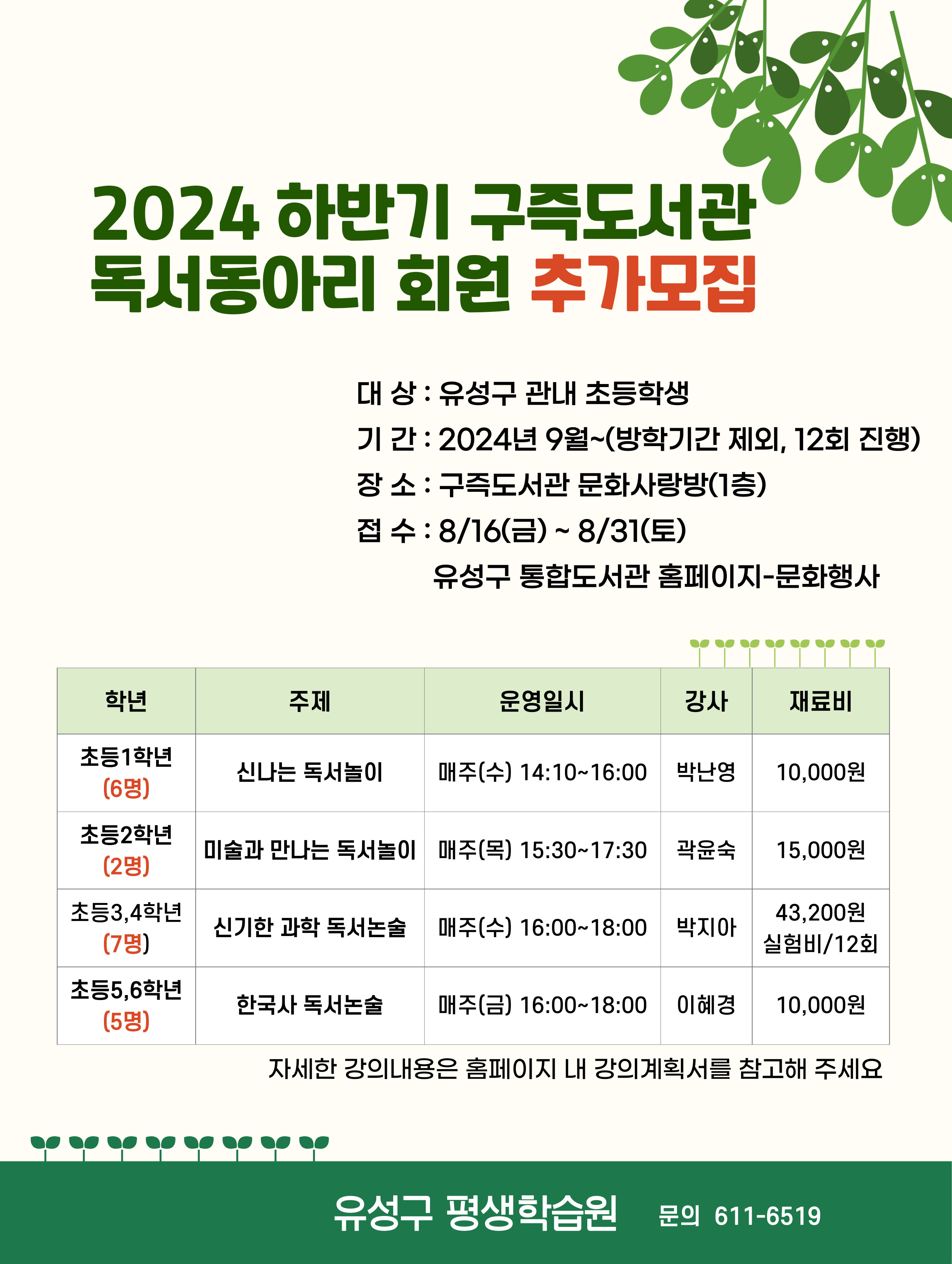 2024 하반기 구즉도서관  독서동아리 회원 추가모집 대 상 : 유성구 관내 초등학생  기 간 : 2024년 9월~(방학기간 제외, 12회 진행) 장 소 : 구즉도서관 문화사랑방(1층) 접 수 : 8/16(금) ~ 8/31(토)           유성구 통합도서관 홈페이지-문화행사 초등1학년(6명) 신나는 독서놀이 매주(수) 14:10~16:00 박난영 10,000원  초등2학년(2명) 미술과 만나는 독서놀이 매주(목) 15:30~17:30 곽윤숙 15,000원  초등3,4학년(7명) 신기한 과학 독서논술 매주(수) 16:00~18:00 박지아 34,200원 실험비/12회 초등5,6학년(5명) 한국사 독서논술 매주(금) 16:00~18:00 이혜경 10,000원  자세한 강의내용은 홈페이지 내 강의계획서를 참고해주세요 유성구 평생학습원  문의  611-6519