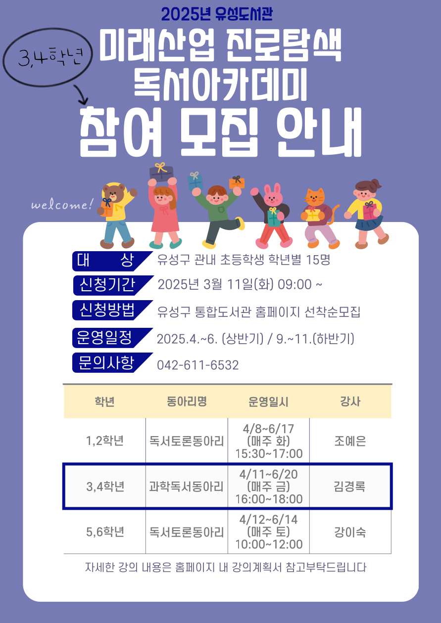 2025 유성도서관
미래산업진로탐색 독서아카데미 참여모집안내
신청기간 2025년 3월 11 일(화) 09:00 ~
신청방법 유성구 통합도서관 홈페이지 선착순모집
운영일정 2025.4.~6.(상반기), 9.~11.(하반기)
문의사항 042-611-6532
1,2학년 독서토른동아리, 4.8-6.17(매주 화) 15:30-17:00 조예은
3,4학년 과학독서동아리 4.11-6.20 (매주금) 16:00-18:00 김경록
5,6학년 독서토론동아리 4/12-6/14(매주 토) 10:00-12:00 강이숙
자세한 강의 내용은 홈페이지 내 강의계획서 참고부탁드립니다