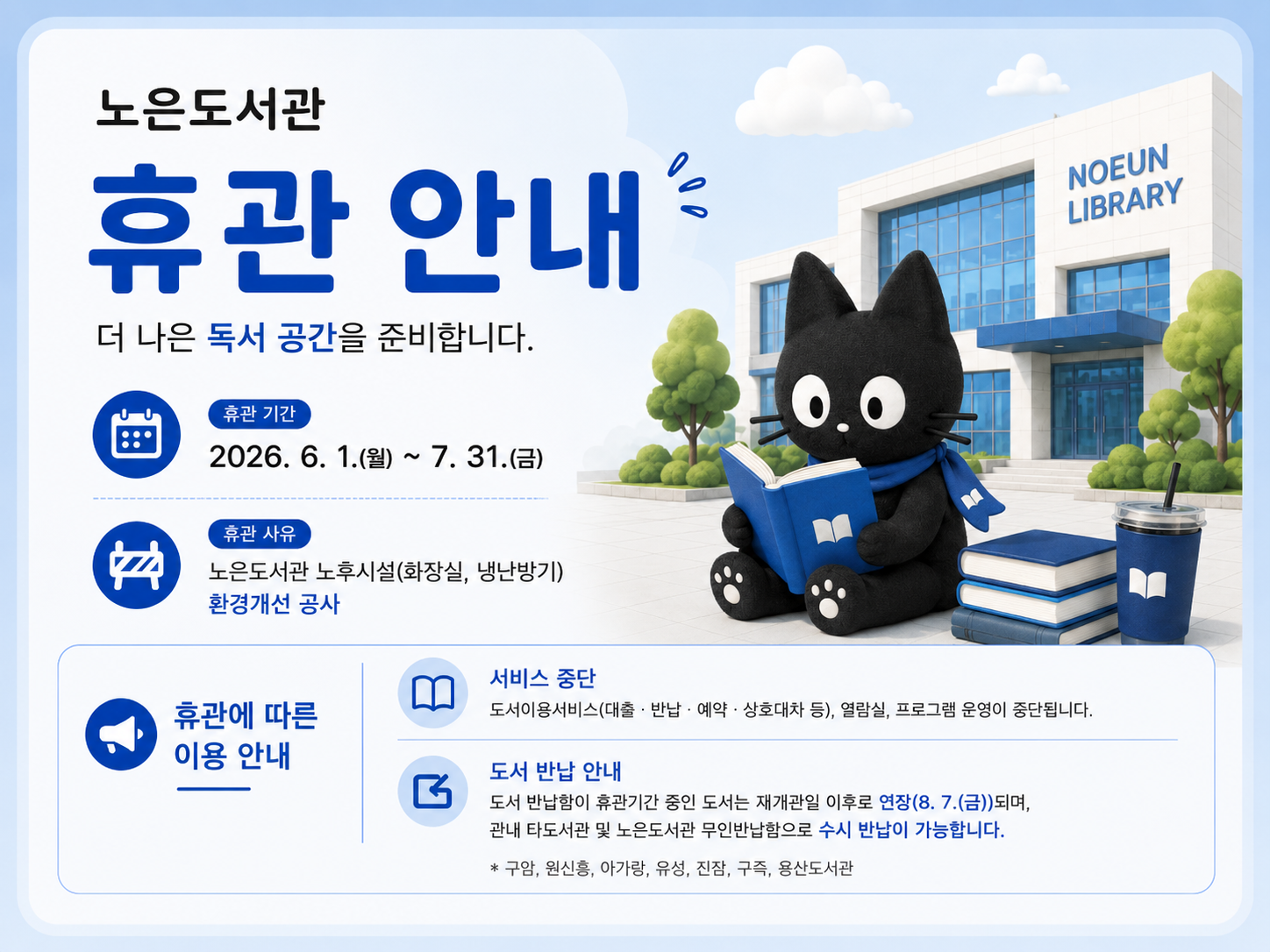 □ 휴관기간 : 2026. 6. 1.(월) ~ 7. 31.(금) ※ 공사상황에 따라 변동 가능
□ 휴관범위 : 노은도서관 시설 전체 및 도서이용서비스
□ 휴관사유 : 노은도서관 노후시설(화장실, 냉난방기) 환경개선 공사
□ 휴관에 따른 이용 안내
 ― 도서이용서비스(대출・반납・예약・상호대차 등), 열람실, 프로그램 운영 중단
 ― 도서반납일이 휴관기간 중인 도서는 재개관일 이후로 연장(8.7.(금))되며, 관내 타도서관* 및 노은도서관 무인반납함으로는 수시 반납 가능
      *원신흥・유성・엑스포・진잠・구즉・구암・아가랑・관평・전민・용산도서관
□ 문 의 :  042- 611 - 6610

* 더 나은 환경 조성을 위한 휴관이오니 양해 부탁드립니다. *